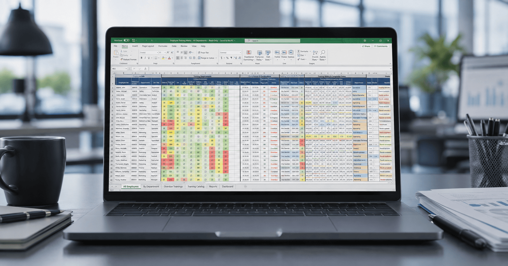 Training tracking spreadsheet on a laptop screen