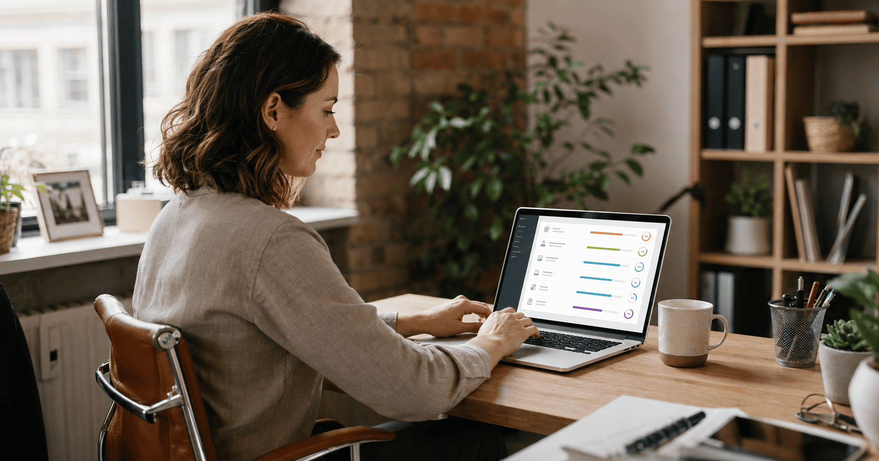 Small business owner managing staff training on a laptop